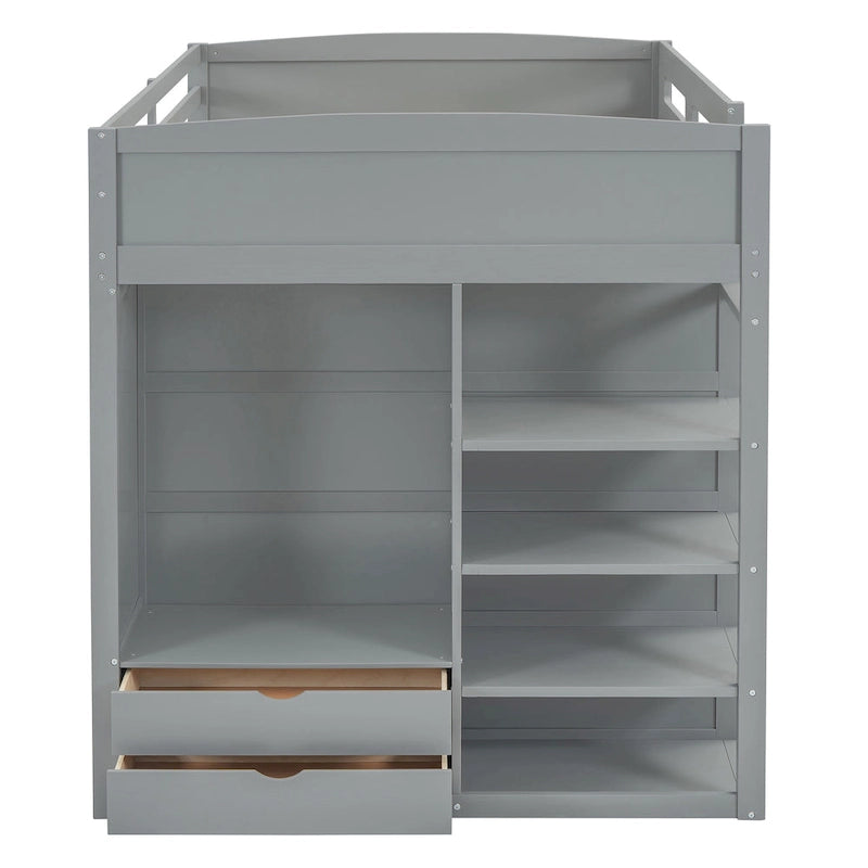 Gray Full Size Solid Wood Loft Bed with Desk, Wardrobes and Shelves