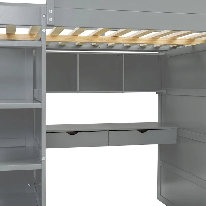 Gray Full Size Solid Wood Loft Bed with Desk, Wardrobes and Shelves