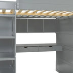 Gray Full Size Solid Wood Loft Bed with Desk, Wardrobes and Shelves