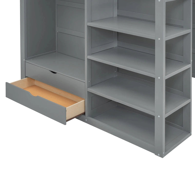 Gray Full Size Solid Wood Loft Bed with Desk, Wardrobes and Shelves