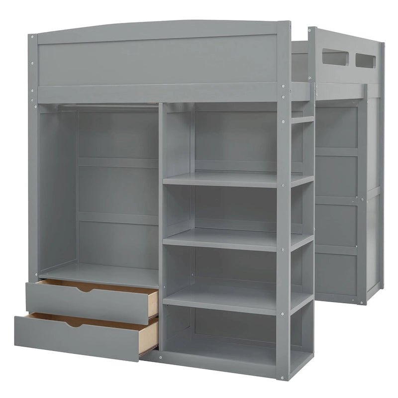 Gray Full Size Solid Wood Loft Bed with Desk, Wardrobes and Shelves