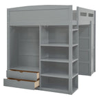 Gray Full Size Solid Wood Loft Bed with Desk, Wardrobes and Shelves