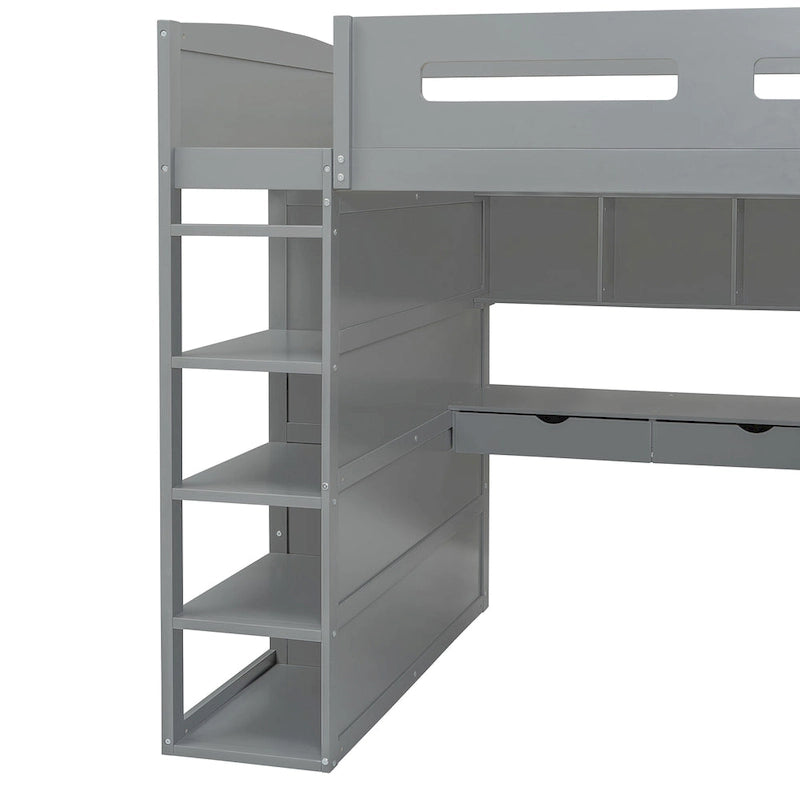 Gray Full Size Solid Wood Loft Bed with Desk, Wardrobes and Shelves
