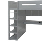 Gray Full Size Solid Wood Loft Bed with Desk, Wardrobes and Shelves