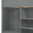Gray Full Size Solid Wood Loft Bed with Desk, Wardrobes and Shelves