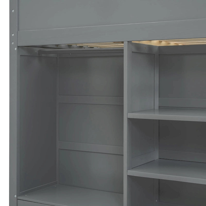 Gray Full Size Solid Wood Loft Bed with Desk, Wardrobes and Shelves