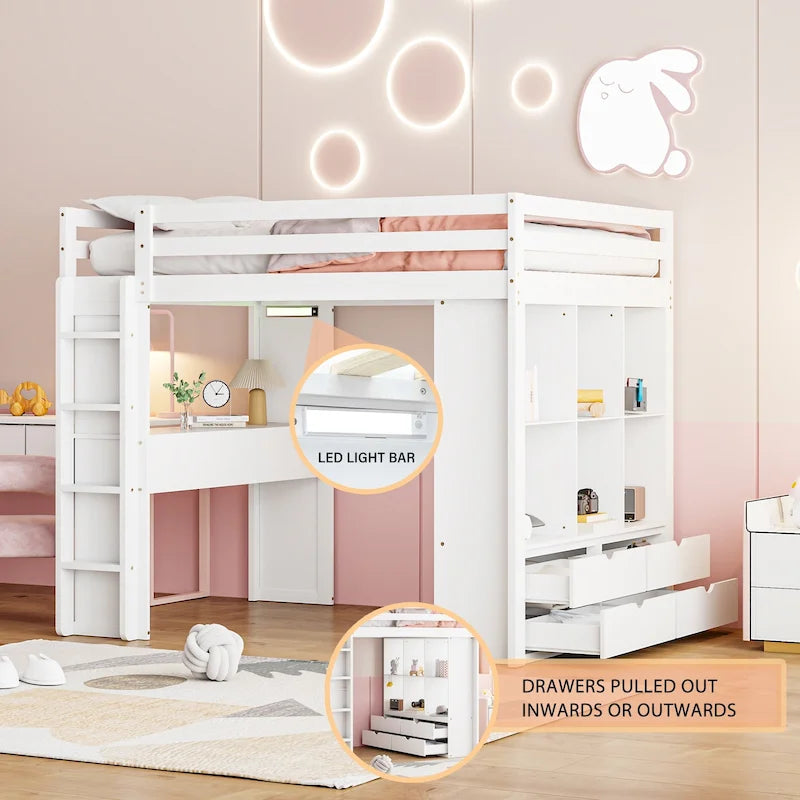White Full Size Solid Wood Loft Bed with Shelves, Writing Desk and LED Light