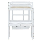 White Full Size Solid Wood Loft Bed with Shelves, Writing Desk, and LED Light