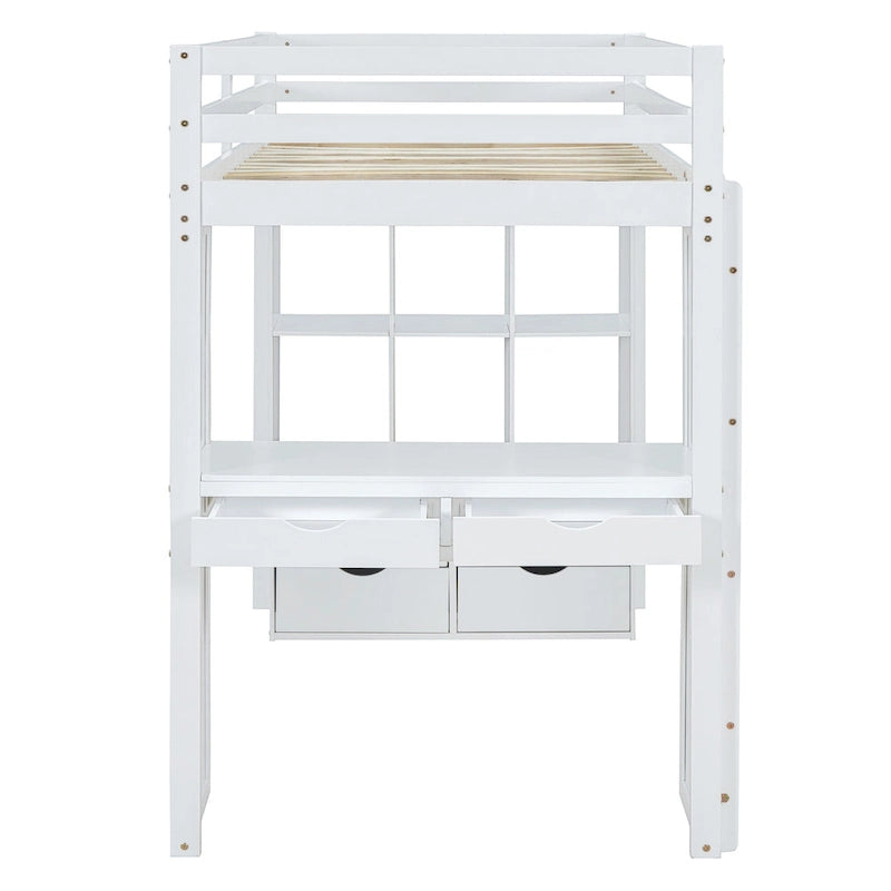 White Full Size Solid Wood Loft Bed with Shelves, Writing Desk, and LED Light