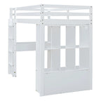 White Full Size Solid Wood Loft Bed with Shelves, Writing Desk and LED Light