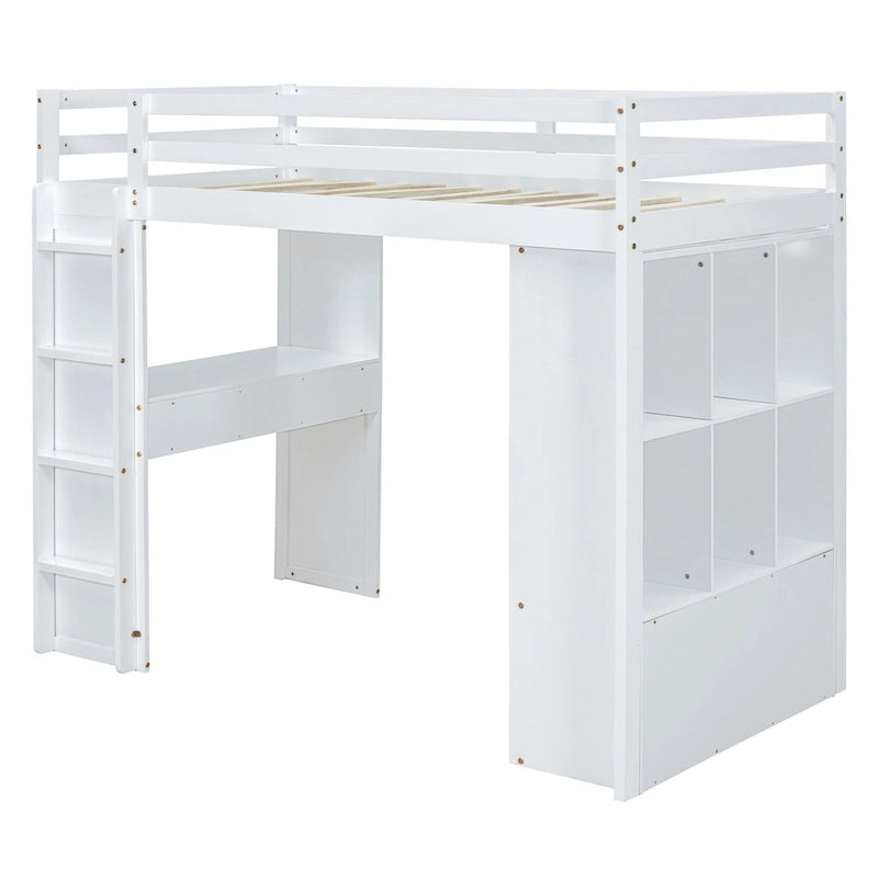 White Full Size Solid Wood Loft Bed with Shelves, Writing Desk and LED Light