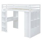White Full Size Solid Wood Loft Bed with Shelves, Writing Desk and LED Light