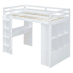 White Full Size Solid Wood Loft Bed with Shelves, Writing Desk and LED Light