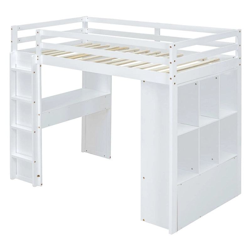 White Full Size Solid Wood Loft Bed with Shelves, Writing Desk and LED Light
