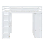 White Full Size Solid Wood Loft Bed with Shelves, Writing Desk and LED Light