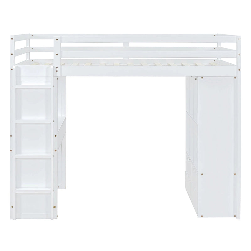 White Full Size Solid Wood Loft Bed with Shelves, Writing Desk and LED Light