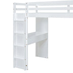 White Full Size Solid Wood Loft Bed with Shelves, Writing Desk and LED Light