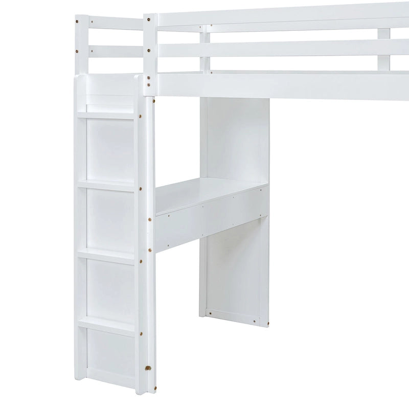 White Full Size Solid Wood Loft Bed with Shelves, Writing Desk and LED Light