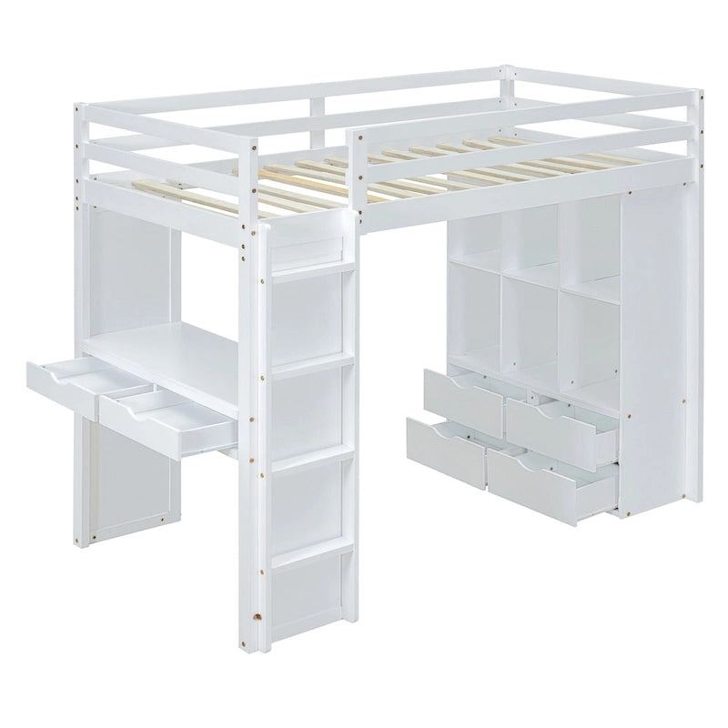 White Full Size Solid Wood Loft Bed with Shelves, Writing Desk and LED Light