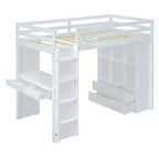White Full Size Solid Wood Loft Bed with Shelves, Writing Desk and LED Light