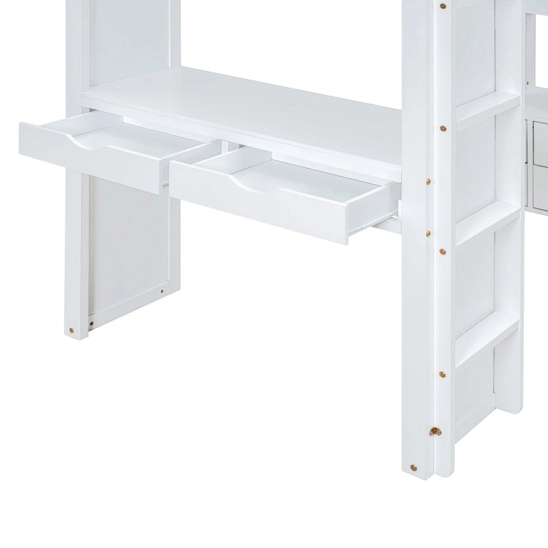 White Full Size Solid Wood Loft Bed with Shelves, Writing Desk and LED Light