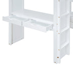 White Full Size Solid Wood Loft Bed with Shelves, Writing Desk and LED Light