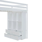 White Full Size Solid Wood Loft Bed with Shelves, Writing Desk and LED Light
