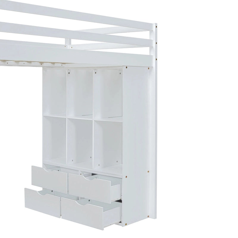 White Full Size Solid Wood Loft Bed with Shelves, Writing Desk and LED Light