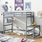 Gray Twin Size Pine High Loft Bed with Landing Platform and Two Ladders