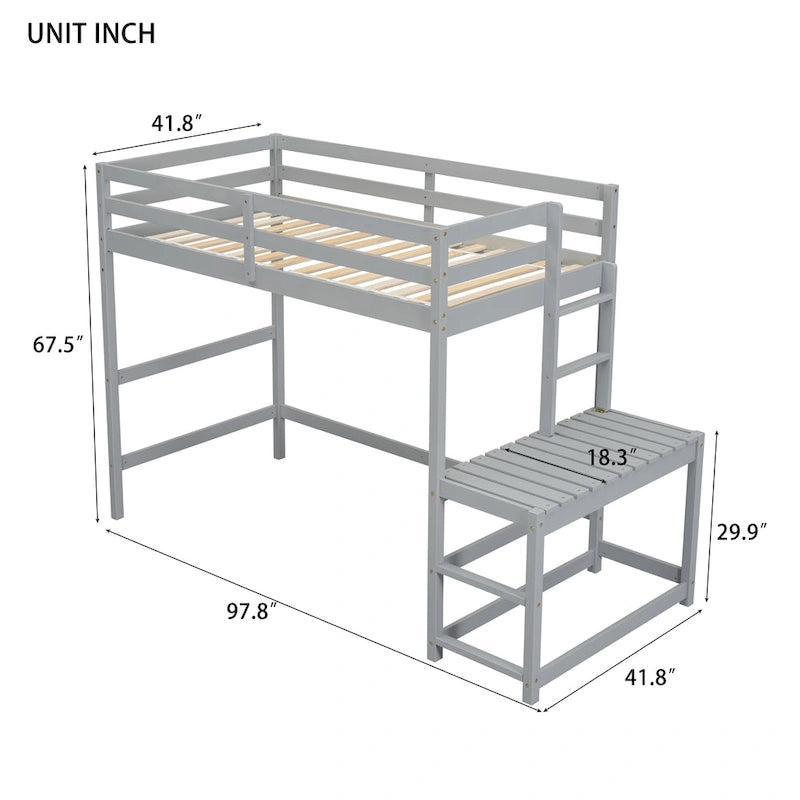 Gray Twin Size Pine High Loft Bed with Landing Platform and Two Ladders