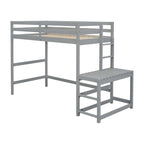 Gray Twin Size Pine High Loft Bed with Landing Platform and Two Ladders