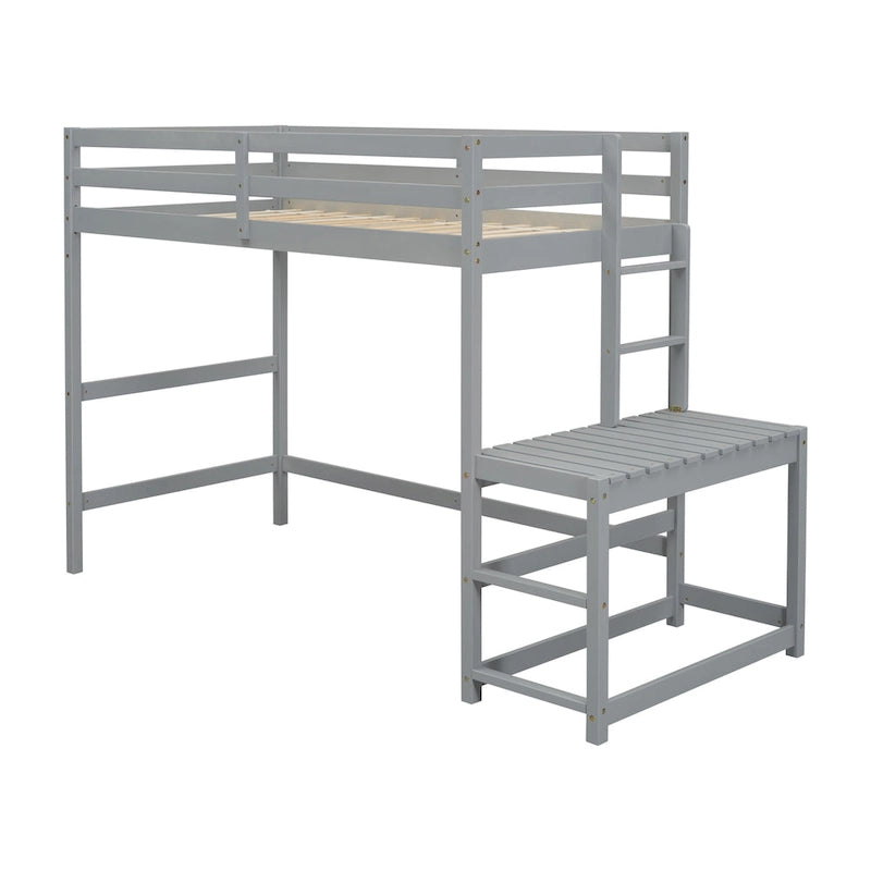 Gray Twin Size Pine High Loft Bed with Landing Platform and Two Ladders