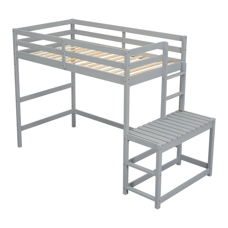 Gray Twin Size Pine High Loft Bed with Landing Platform and Two Ladders