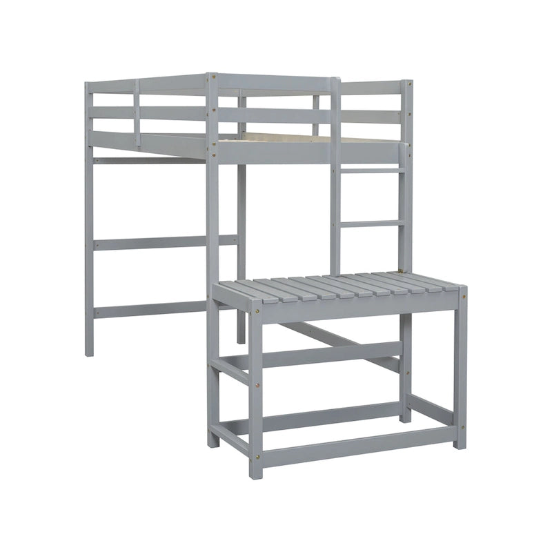 Gray Twin Size Pine High Loft Bed with Landing Platform and Two Ladders
