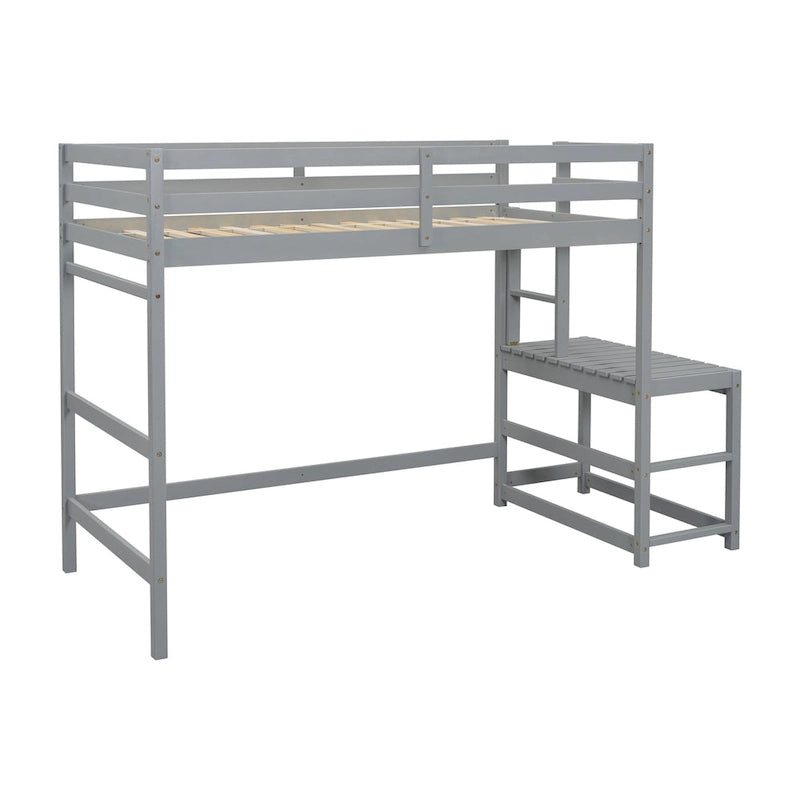 Gray Twin Size Pine High Loft Bed with Landing Platform and Two Ladders