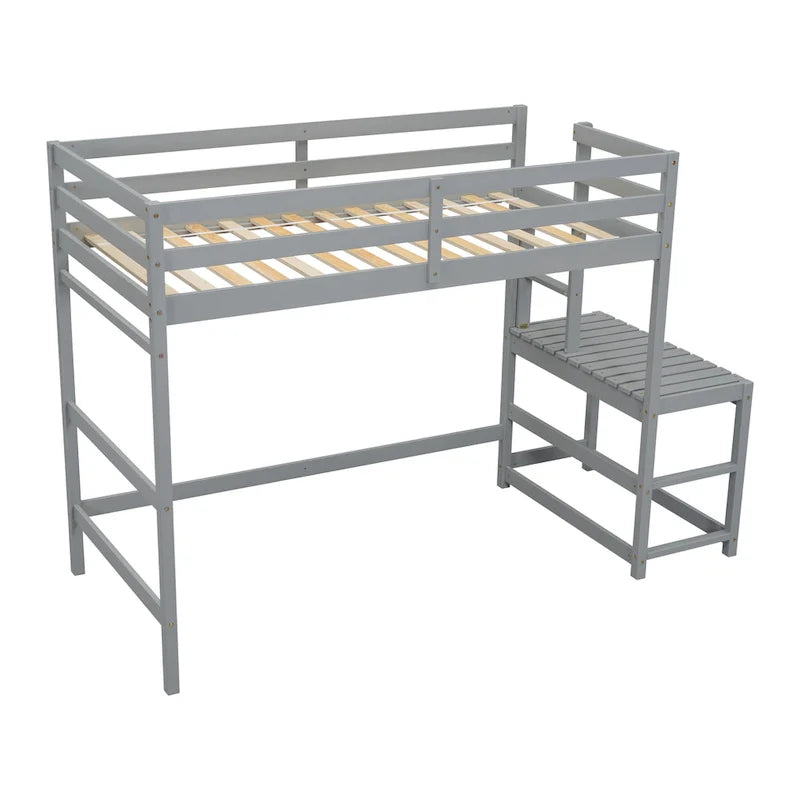Gray Twin Size Pine High Loft Bed with Landing Platform and Two Ladders