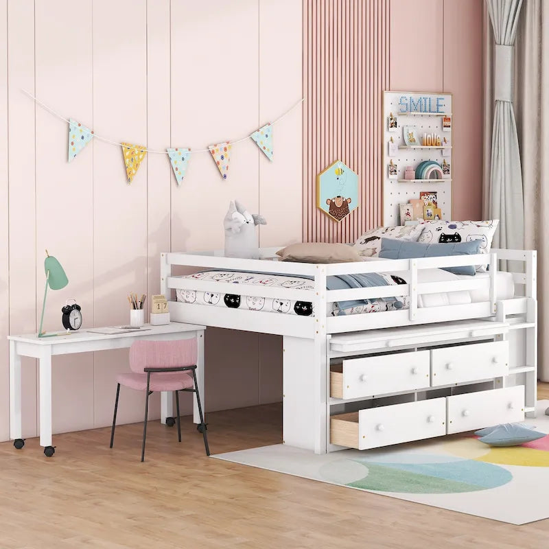 White Full Size Solid Wood Loft Bed with Retractable Desk, Drawers and Shelves