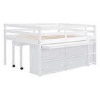 White Full Size Solid Wood Loft Bed with Retractable Desk & Drawers