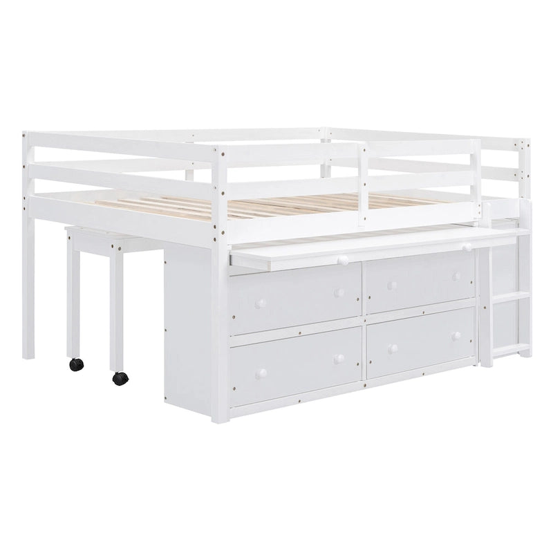White Full Size Solid Wood Loft Bed with Retractable Desk & Drawers