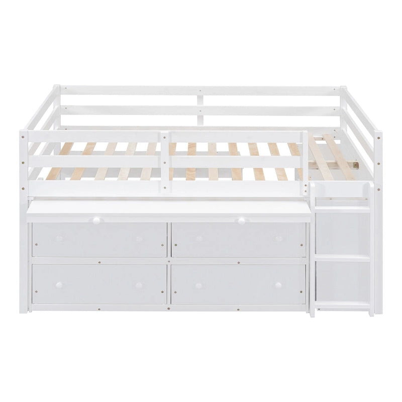 White Full Size Solid Wood Loft Bed with Retractable Desk, Drawers and Shelves