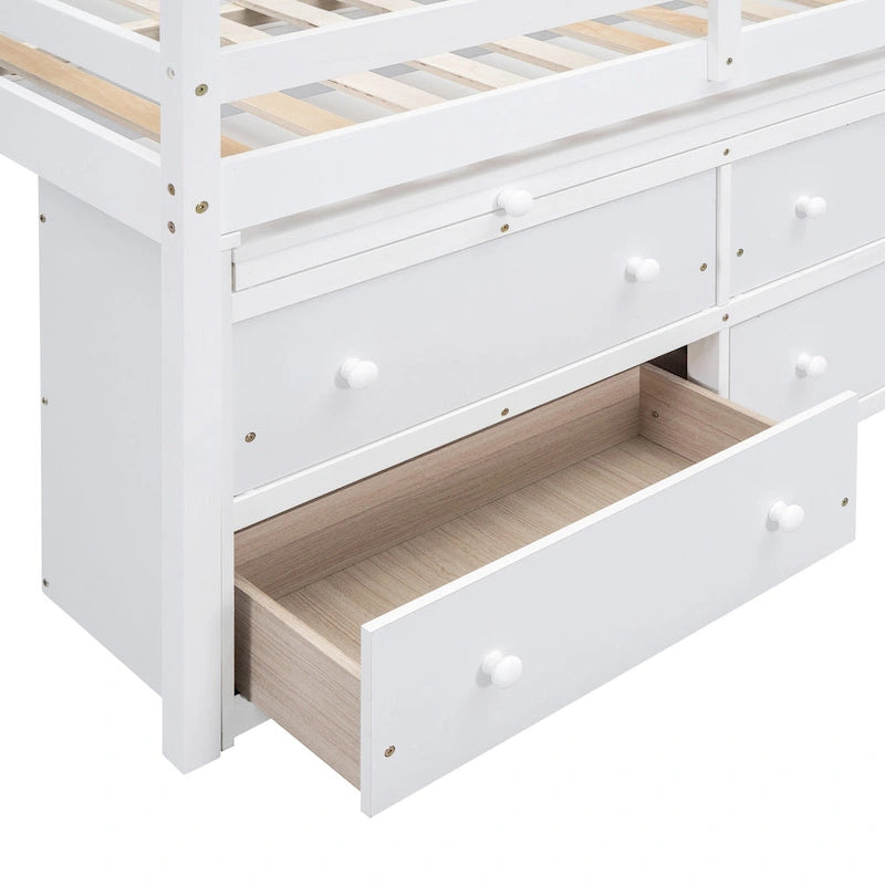 White Full Size Solid Wood Loft Bed with Retractable Desk, Drawers and Shelves
