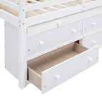 White Full Size Solid Wood Loft Bed with Retractable Desk, Drawers and Shelves
