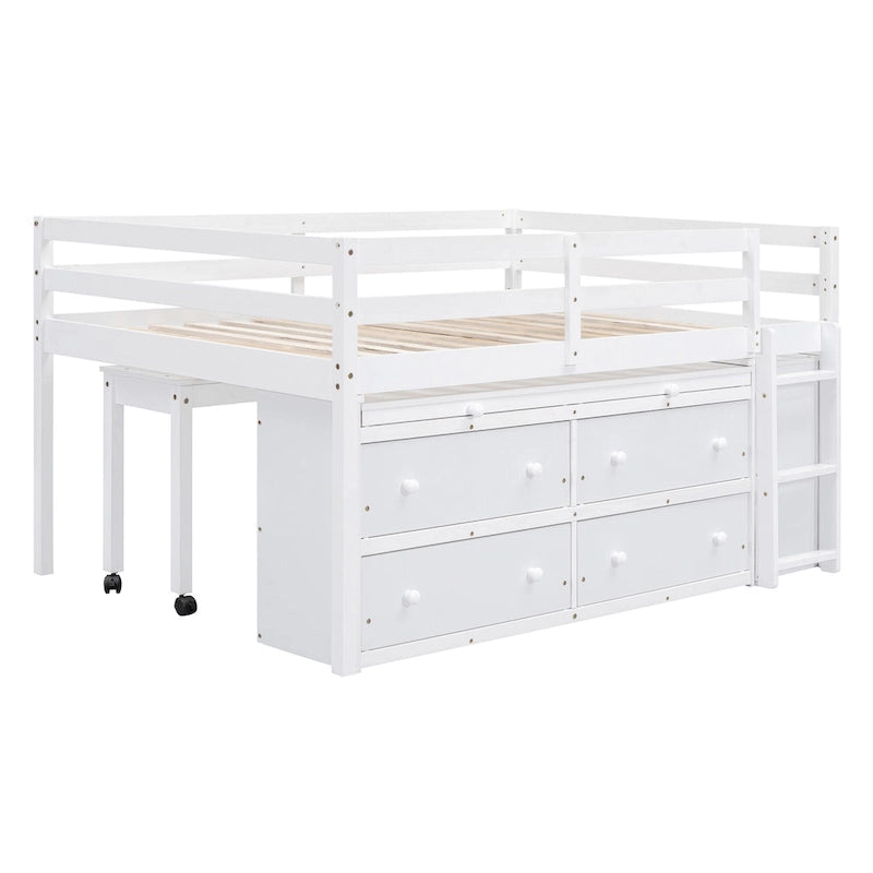 White Full Size Solid Wood Loft Bed with Retractable Desk, Drawers and Shelves