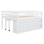 White Full Size Solid Wood Loft Bed with Retractable Desk, Drawers and Shelves