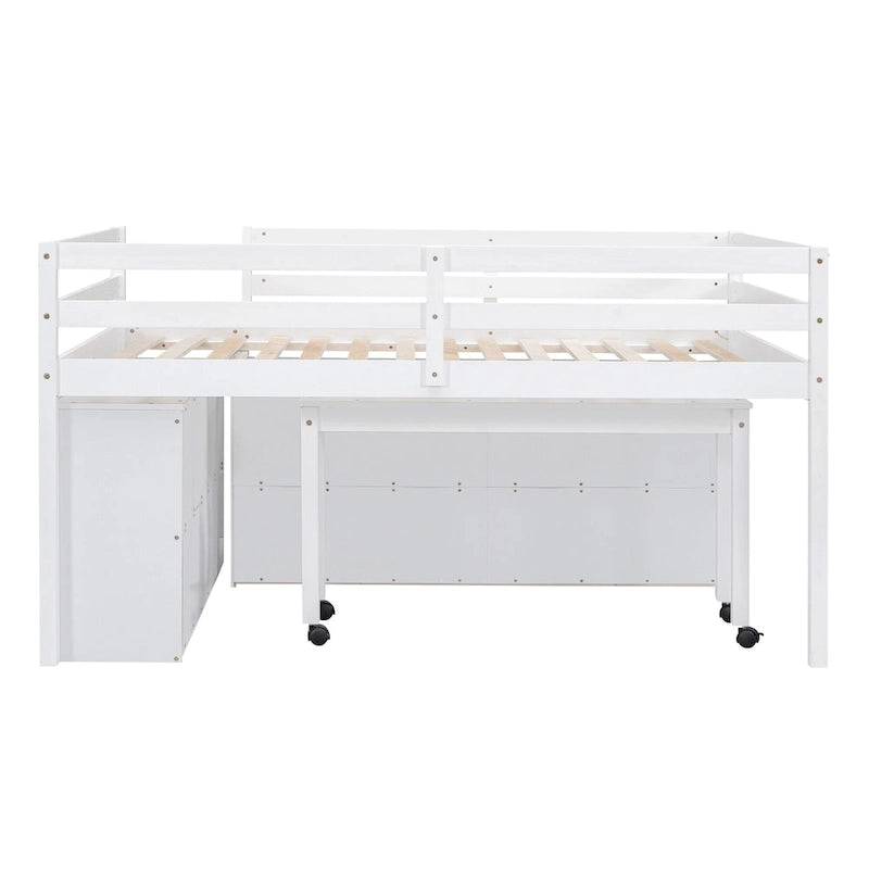 White Full Size Solid Wood Loft Bed with Retractable Desk, Drawers and Shelves