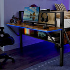 Black+Brown Full Size Metal Loft Bed with Desk, LED Lights & Storage