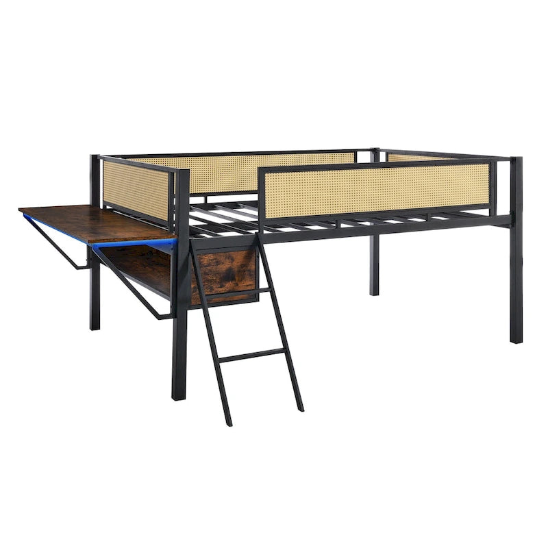 Full Size Metal Loft Bed with Desk, LED Lights and Storage, Black and Brown