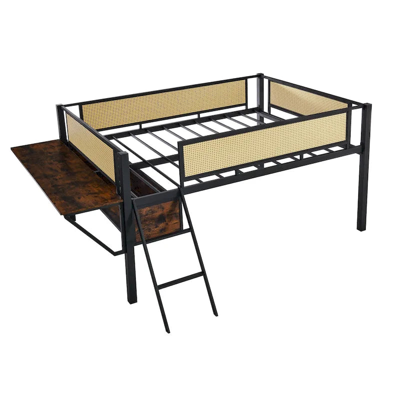 Full Size Metal Loft Bed with Desk, LED Lights and Storage, Black and Brown