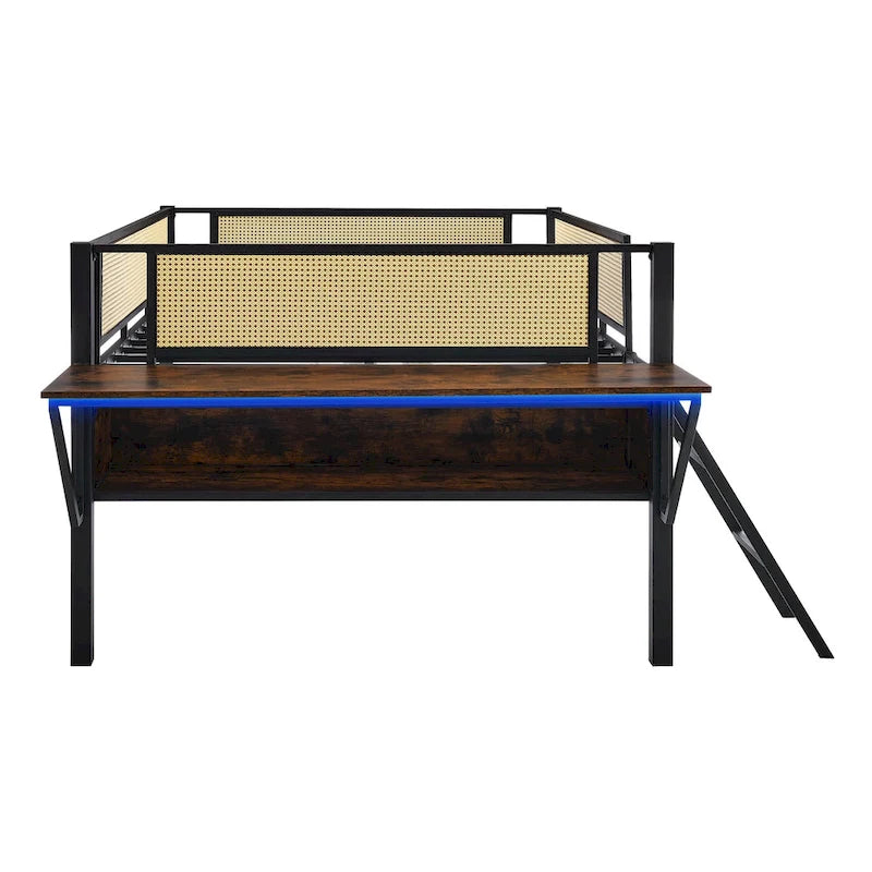 Full Size Metal Loft Bed with Desk, LED Lights and Storage, Black and Brown