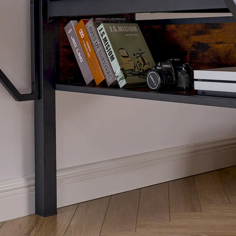 Black+Brown Twin Size Metal Loft Bed with Desk, LED Lights & Storage